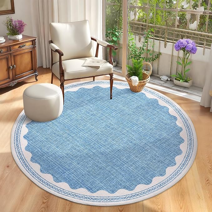 GarveeHome Scalloped Blue 6ft Round Rug Washable Non-Slip Soft Ultra-Thin Small by GarveeHome
