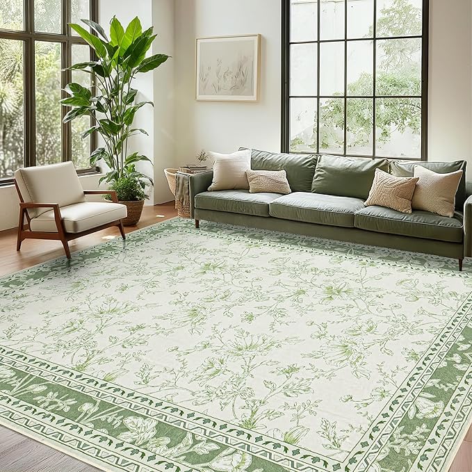 Green Area Rugs 6x9 Living Room Washable Boho Vintage Sketch Floral Sage Cream by BILEEHOME