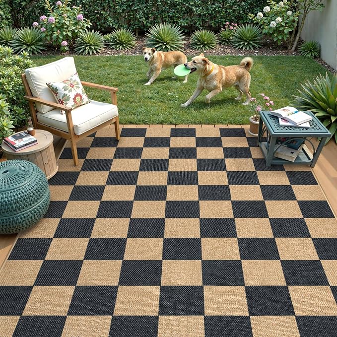 Lahome Checkered Easy Jute Area Rug, 5x7 Outdoor Patio Rug Washable Carpet - Image 6