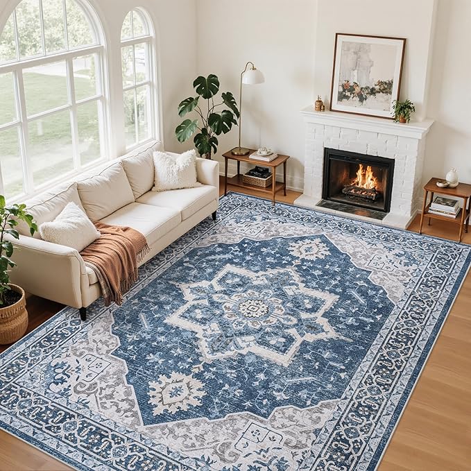 5x7 Area Rugs for Living Room:Blue Washable Vintage Medallion Boho Rug Non-Slip by Unknown