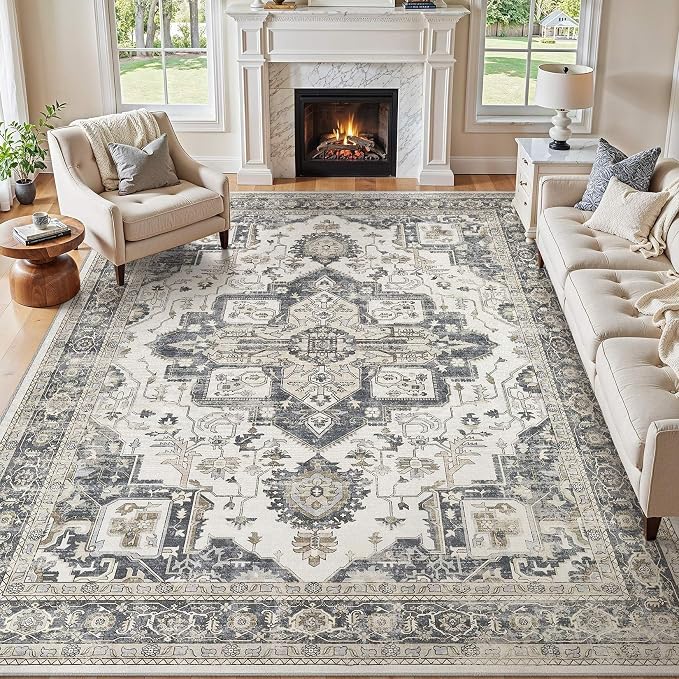 9x12 Washable Area Rugs for Living Room, Large Rug Non Slip Backing Vintage by JessibouAreaRug