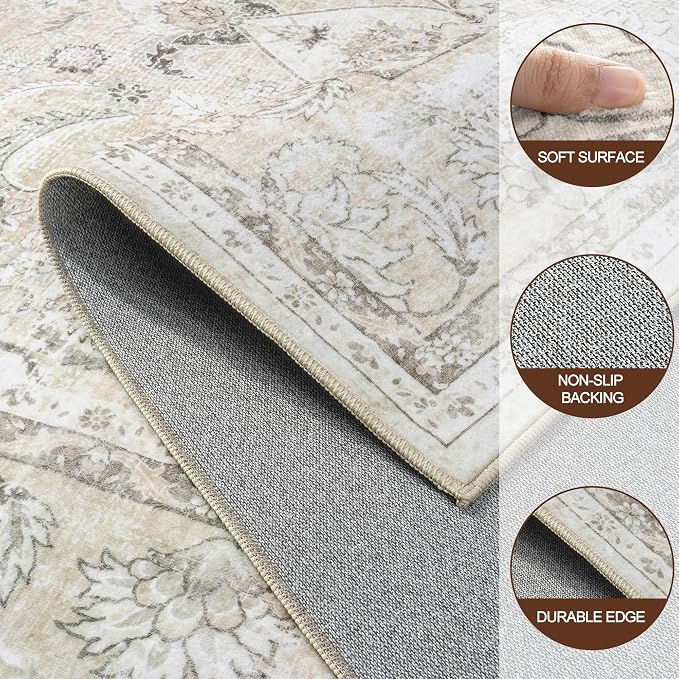 8x10 Area Rugs for Living Room:Beige Washable Vintage Medallion Carpet Non-Slip - Image 8