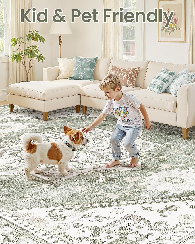 5x8 Vintage Area Rug: Washable Neutral Soft Non Slip Thin Large Floor Carpet - Image 6
