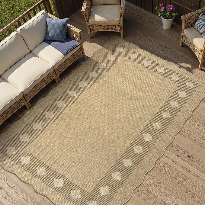 LIVEBOX Scalloped Easy Jute Diamond 3x5 Outdoor Rug, Washable Non-Slip Tan Rugs - Image 3