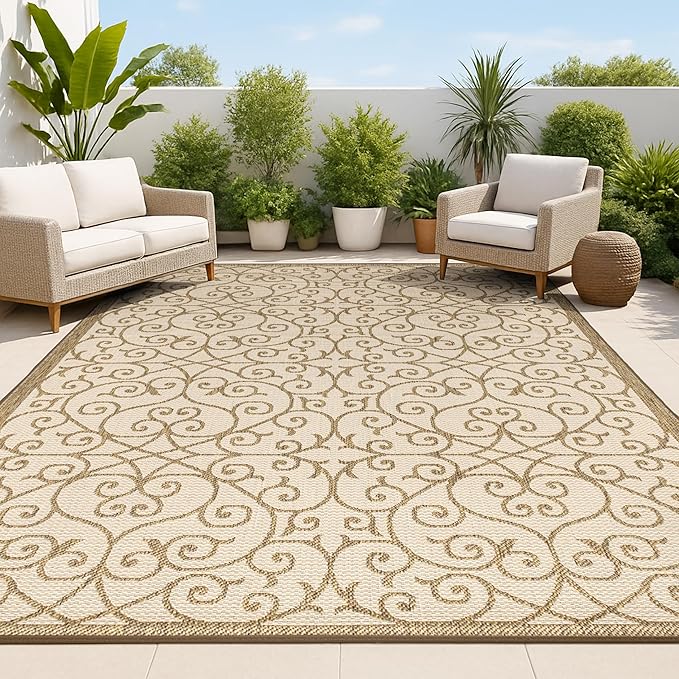 JONATHAN Y Vintage Filigree Indoor Outdoor Area Rug 9X12 Beige/Brown, Madrid by JONATHANY