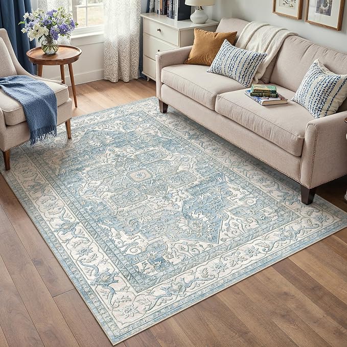 5x7 Washable Vintage Area Rug Blue Oriental Living Room Bedroom Throw Rug - Image 3
