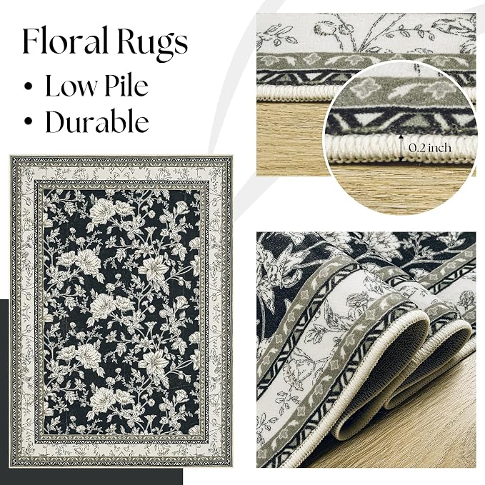 Black Floral Area Rugs 6x9 Living Room, Vintage Modern Farmhouse Boho Indoor - Image 5