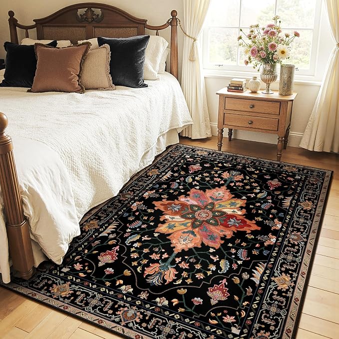 RELEANY Area Rugs 4'x5' Washable Non-Slip, Floral Vintage Distress Medallion by RELEANY