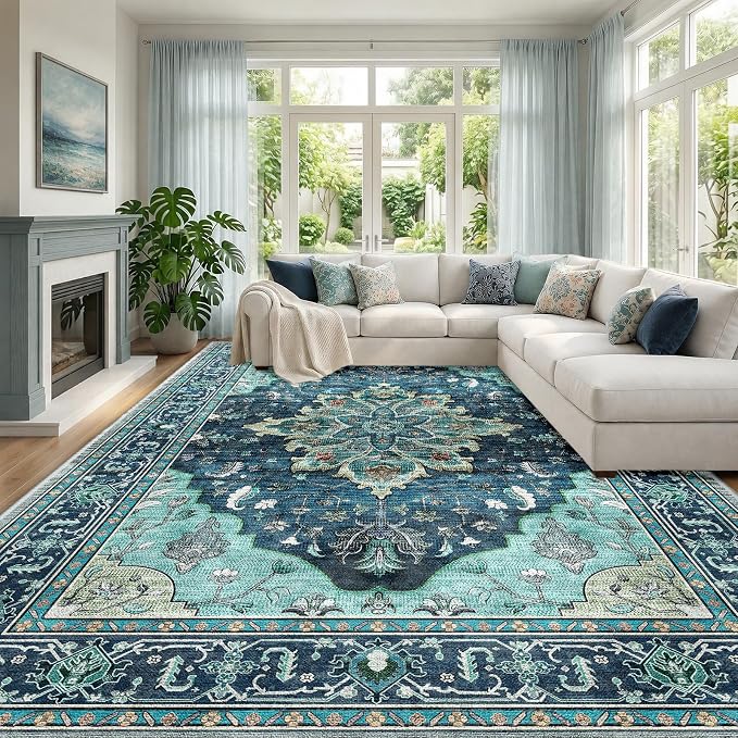 RELEANY Area Rugs Large 9'x12' Washable Non-Slip, Floral Vintage Distress by RELEANY