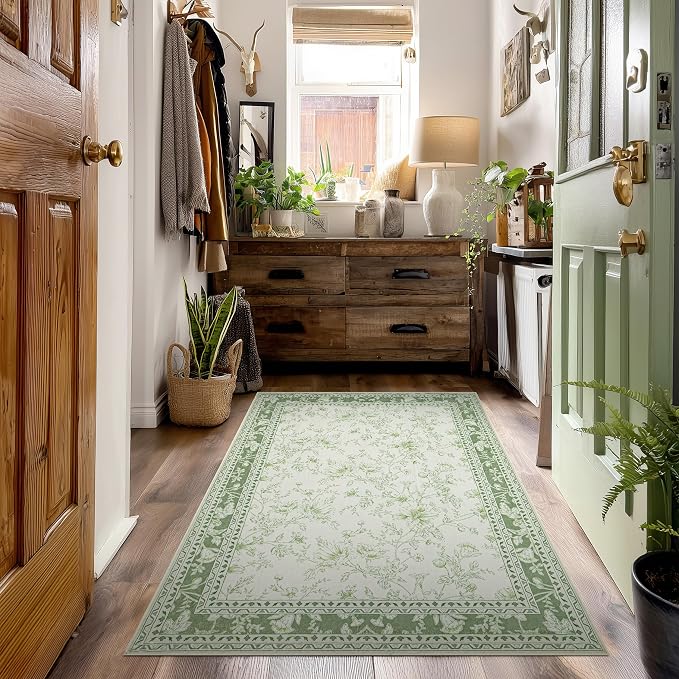 Green and Cream Area Rug 3x5 for Entryway Machine Washable Small Rug for Indoor - Image 8