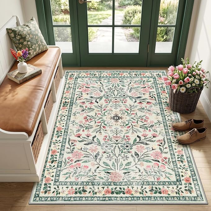 Area Rug Living Room Rugs: Floral 3x5 Washable Rug Vintage Soft Boho Non-Slip by PLHXFRSoftAreaRugs