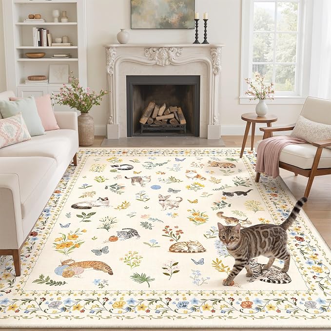 Soalmost Cat 6x9 Area Rugs for Living Room, Machine Washable Animal Floral by Soalmost