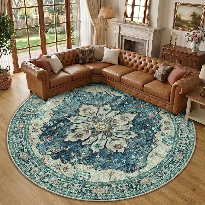RELEANY Area Rugs Round 10ft Washable Non-Slip, Floral Vintage Distress by RELEANY
