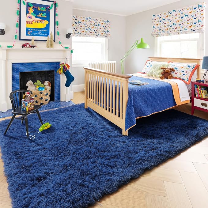 Amdrebio Navy Blue Area Rugs for Boys Bedroom, 5x8 Shag Fluffy Furry Plush Rug - Image 3