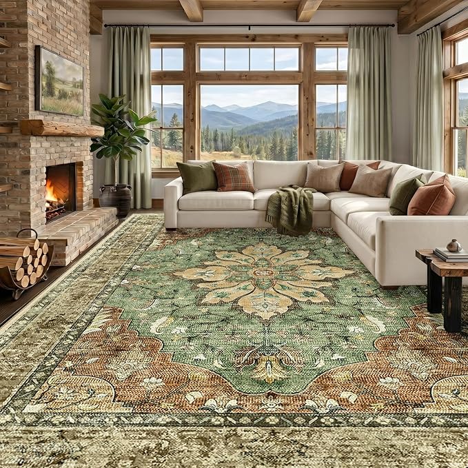 RELEANY Area Rugs Large 9'x12' Washable Non-Slip, Floral Vintage Distress by RELEANY