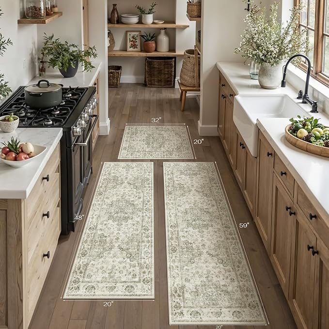 Neutral Kitchen Rug Set of 3 Washable Taupe Vintage Kitchen Mats - Image 5