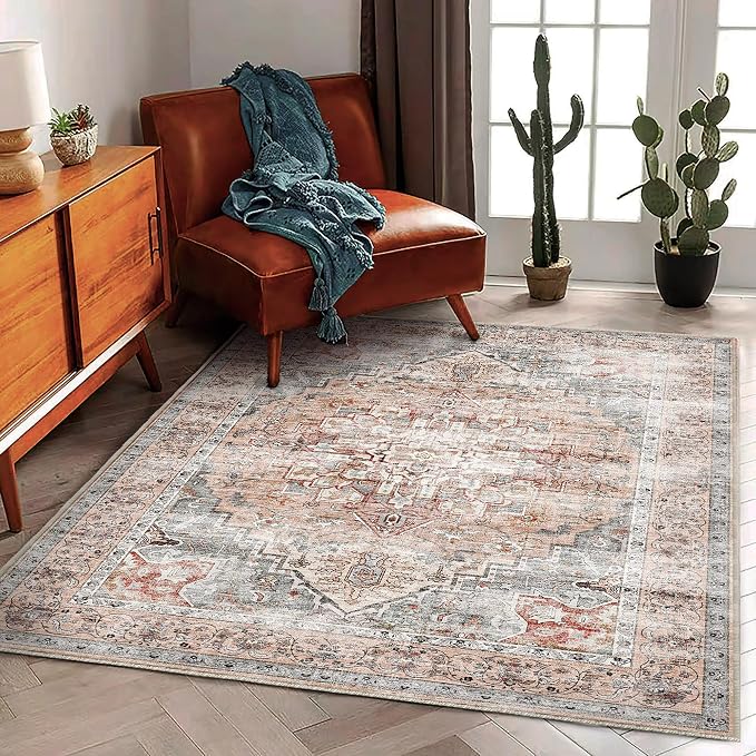 CHAMPLANT Area Rug 6'x9' Light Cyan and Light red Washable Vintage Traditional - Image 3