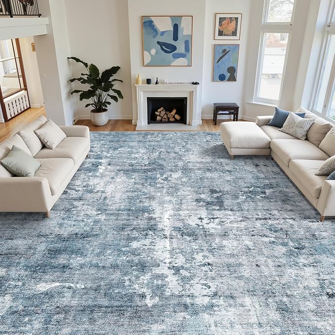 Soalmost 12x15 Washable Area Rug Blue/Grey Neutral Abstract Living Room Large - Image 2