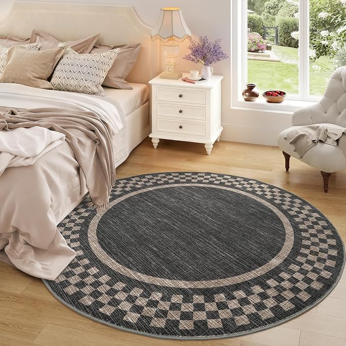 4ft Washable Round Rug for Entryway Modern Checkered Bedroom Circle Rug Non - Image 3