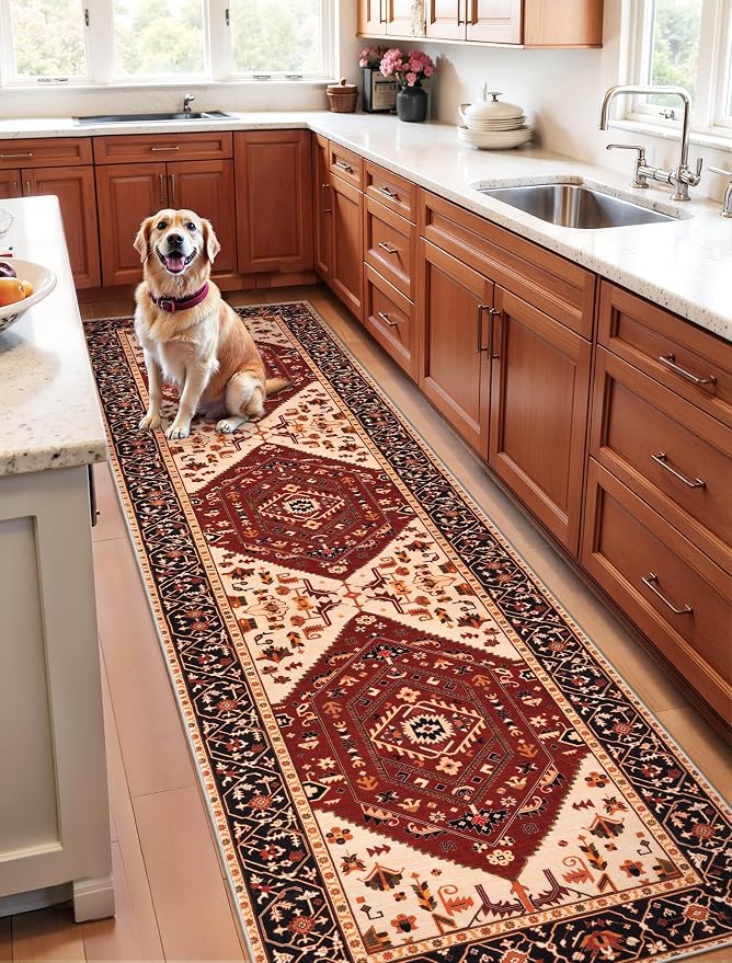SERISSA Runner Rug for Hallways, Long Boho Rug Vintage Red Black Hallway Stair - Image 3