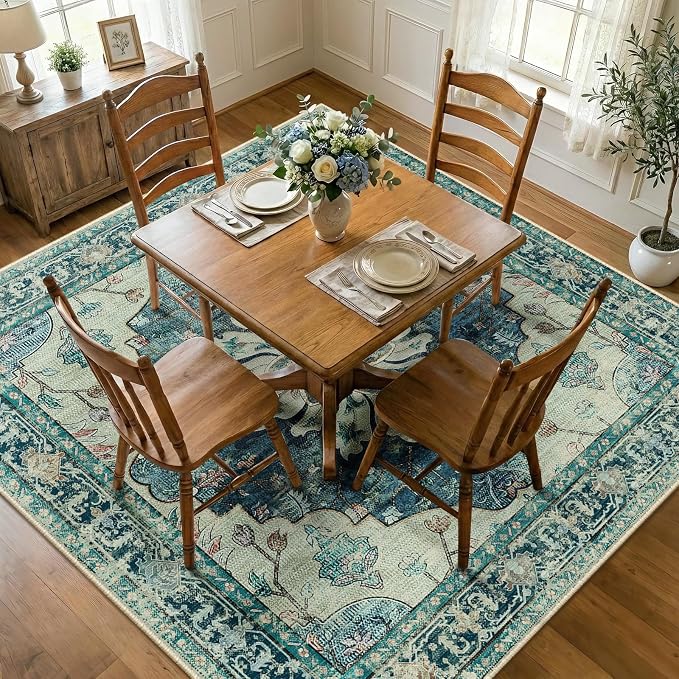RELEANY Area Rugs Square 8ft Washable Non-Slip, Floral Vintage Distress - Image 2