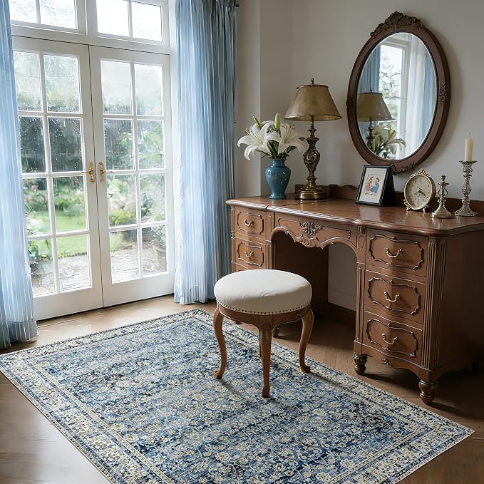 Machine Washable Area Rugs 4x6 Blue Low Pile Soft Carpet - Image 8