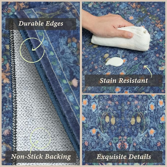 JTJ Dark Blue Kitchen Rugs Set of 3, Non Slip Washable Runner Mats, Vintage - Image 3