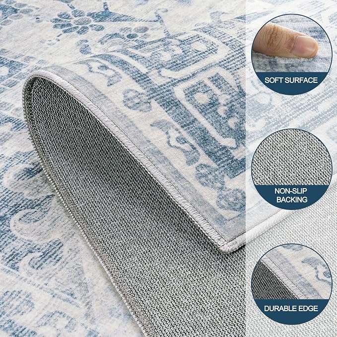 5x7 Area Rugs for Living Room:Blue Washable Vintage Medallion Boho Rug Non-Slip - Image 8