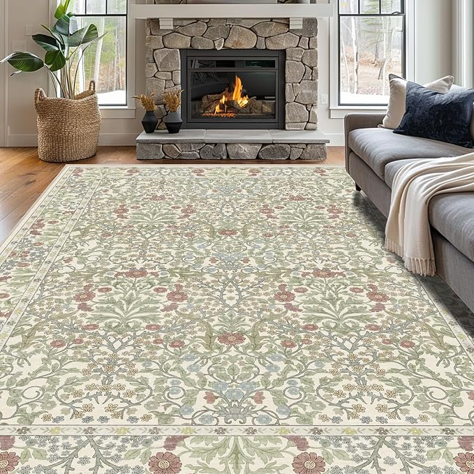 Vintage Light Green Living Room Rug, 8x10 Washable Area Rugs by Unknown