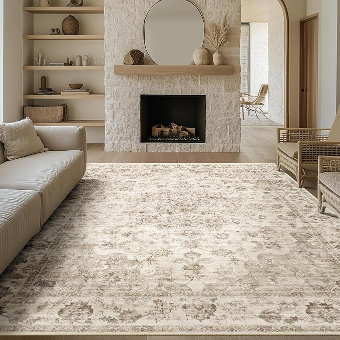 10x12 Neutral Area Rug Beige Vintage Living Room Bedroom Washable Carpet by WondRg