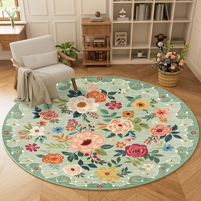 DUKINO Floral Round Rug, 6ft Washable Circle Rug, Non Slip Indoor Low Pile - Image 3