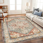 CHAMPLANT Washable Area Rug 9'x12' Red Khaki Retro Flowers Boho Design - Image 2