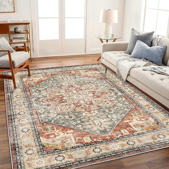 CHAMPLANT Washable Area Rug 9'x12' Red Khaki Retro Flowers Boho Design - Image 2