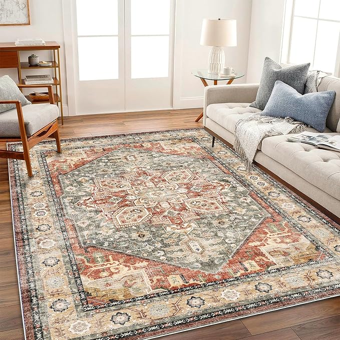 CHAMPLANT Washable Area Rug 10'x14' Red Khaki Retro Flowers Boho Design - Image 2