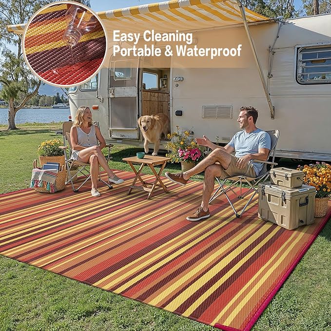 Outdoor Plastic Straw Rug Waterproof Patio 9x12 Red Orange Stripe Mat - Image 6