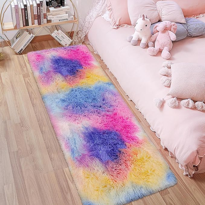 Hot Pink Rainbow Rug for Girls Bedroom Runner 2x6, Fluffy Soft Bedroom Runner - Image 2