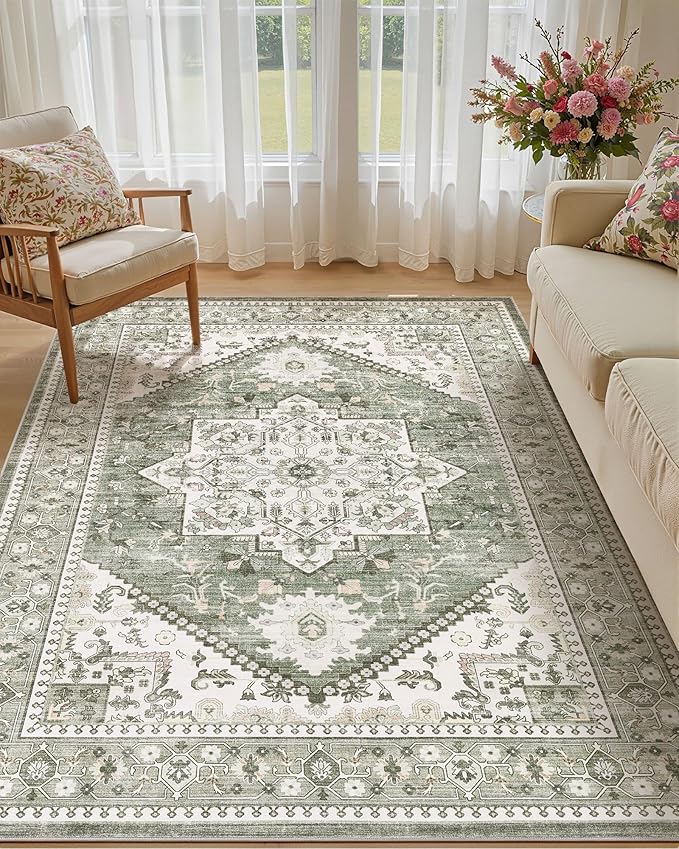 5x8 Vintage Area Rug: Washable Neutral Soft Non Slip Thin Large Floor Carpet by MICGEEK