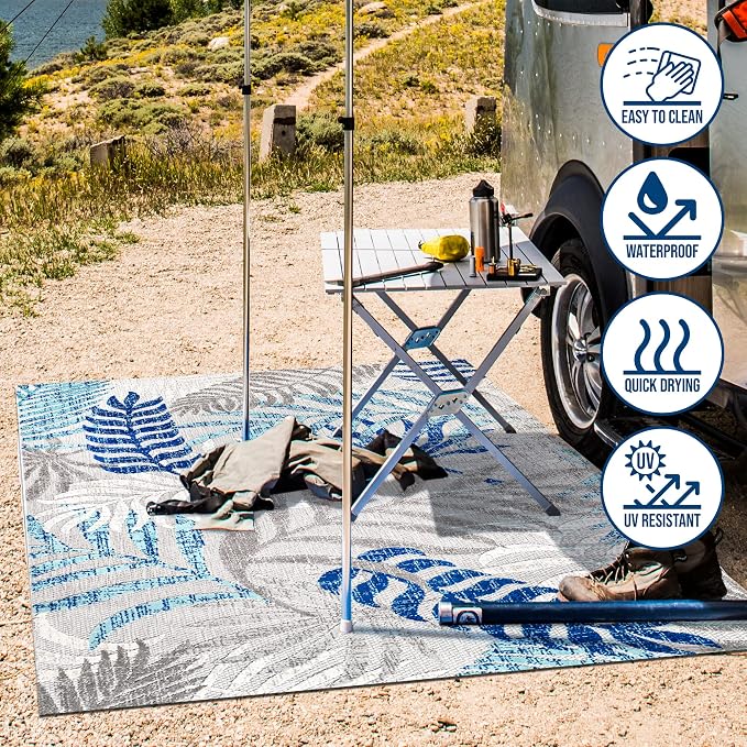 JONATHAN Y Tropics Palm Leaves Indoor Outdoor Area Rug 3X5 Gray/Blue, Boho - Image 3