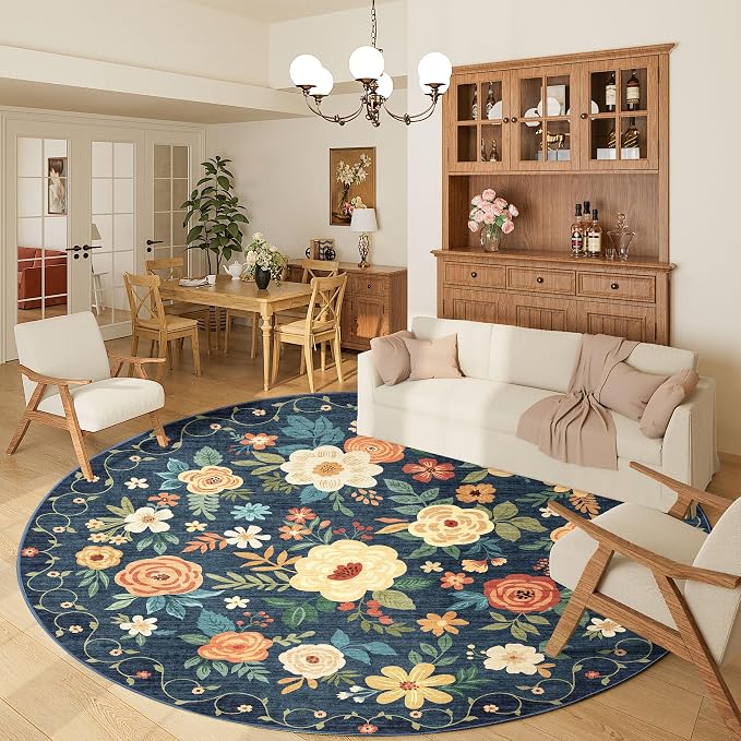 DUKINO Floral Round Rug, 6ft Washable Circle Rug, Non Slip Indoor Low Pile by DUKINO