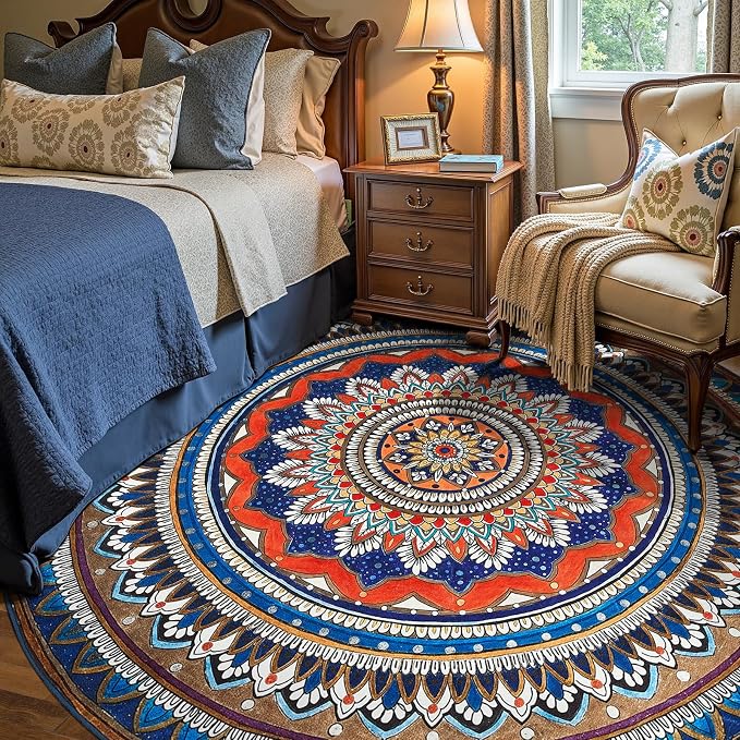 jinchan Mandala Round Rug 8ft Blue Rustic Boho Washable Rug Tribal 8' Round - Image 8