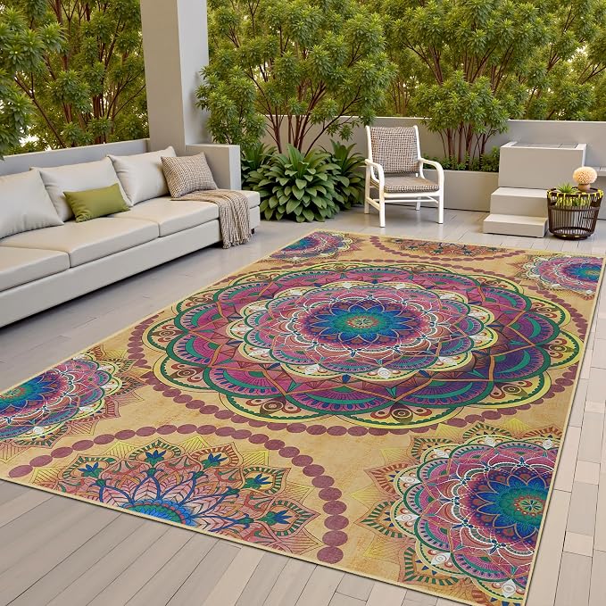 Arenarug Meditation Indoor Outdoor Rug 5x8 ft Mandala Pattern Rug Boho Style by ArenaRug