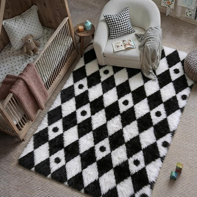 PureCozy Checkered Rug 4x6 Fluffy Shag Living Room Black and White Area Rug by PureCozy