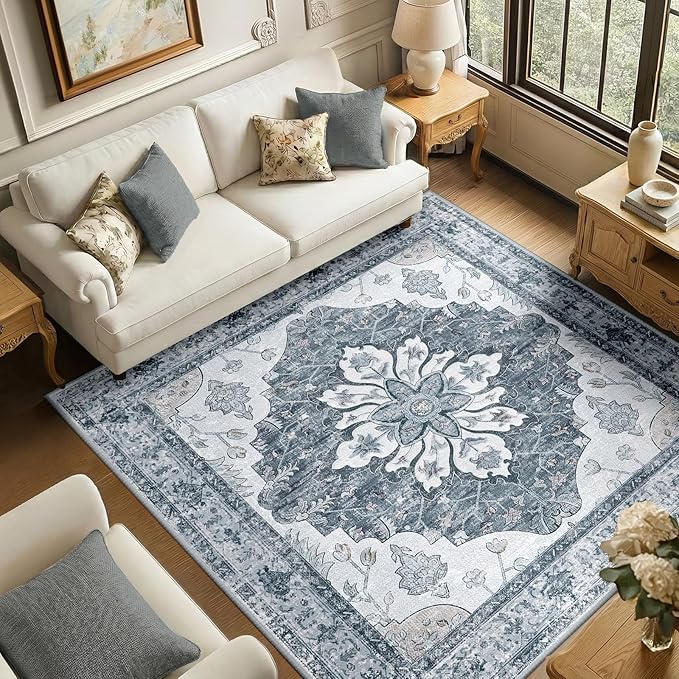 RELEANY Area Rugs Square 6ft Washable Non-Slip, Floral Vintage Distress by RELEANY