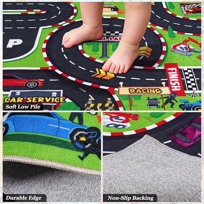 Kids Play Rug 4x5 Ft, Non-Slip Race Track Car Rug Play Mat, Washable Soft Road - Image 7