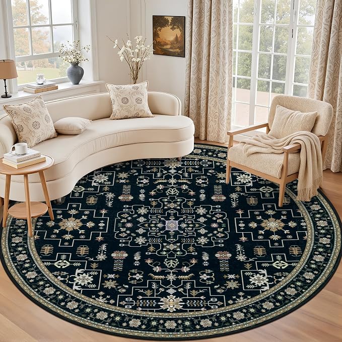 Round Area Rug for Living Room: 8 ft Washable Vintage Boho Soft Thin Circle Rug by EXPEDIX