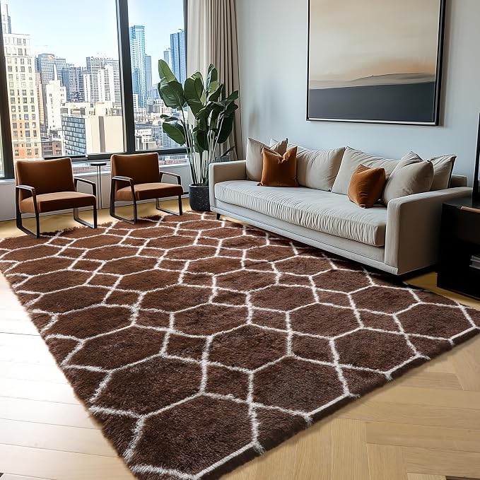 ONASAR 5x7 Area Rugs for Living Room Bedroom, Fluffy Brown and White Throw Rug by ONASAR