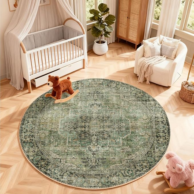 4x4 Round Bedroom Rug Washable: Living Room Rugs Stain Resistant Non Slip Low - Image 6
