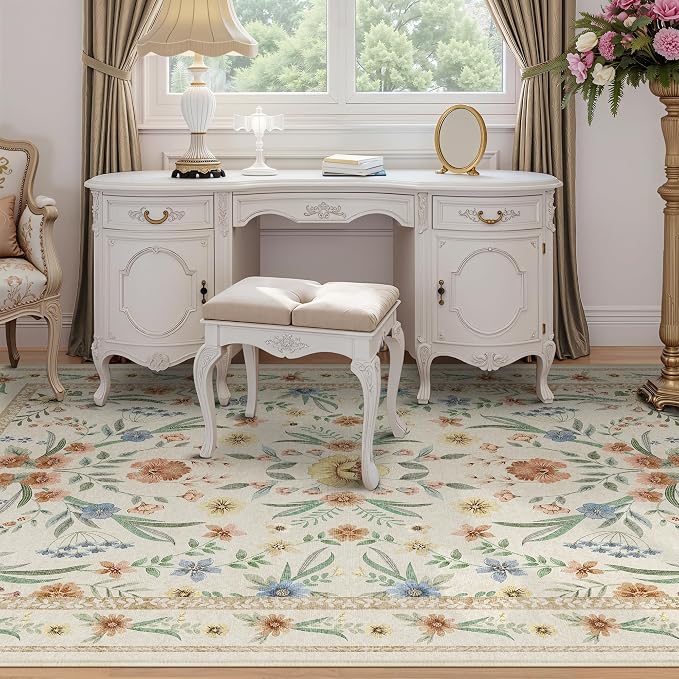 Beige Floral Area Rug 5x7, Neutral Washable Girls Bedroom Rug - Image 3