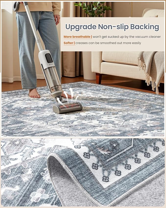 10x12 Vintage Area Rug: Washable Neutral Soft Non Slip Thin Large Floor Carpet - Image 5