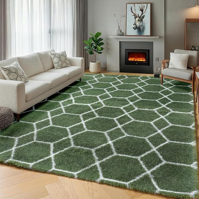 ONASAR Area Rugs for Bedroom Living Room, 4x6 Fluffy Olive Green and White by ONASAR